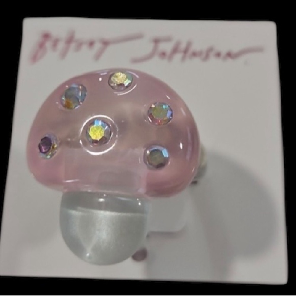 BETSEY JOHNSON Crystal-Studded Boho Acrylic Magic Mushroom Stretch Ring NEW NWT - Picture 6 of 8